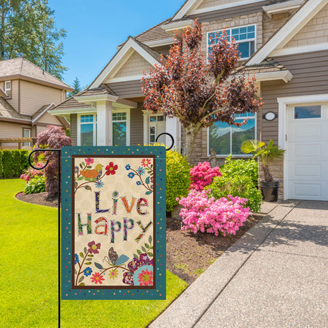 Hzppyz Live Happy flag displayed on a porch for springtime outdoors.