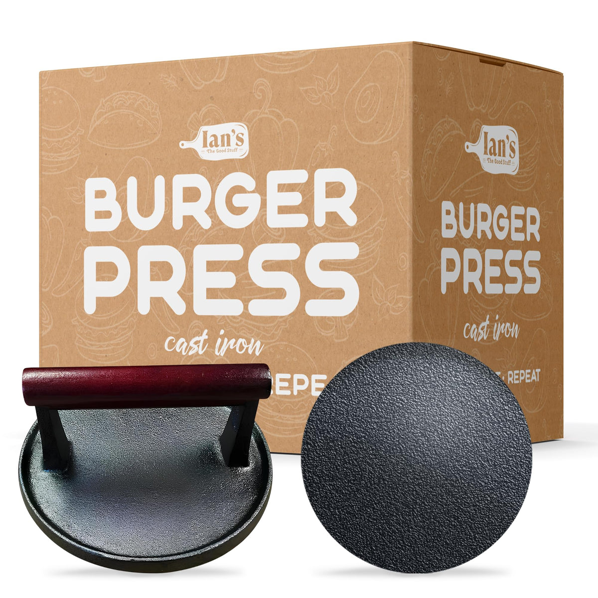 Ian's Smash Burger Press front view highlights durable cast iron for even searing