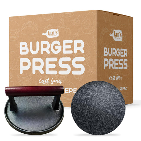 Ian's Smash Burger Press front view highlights durable cast iron for even searing