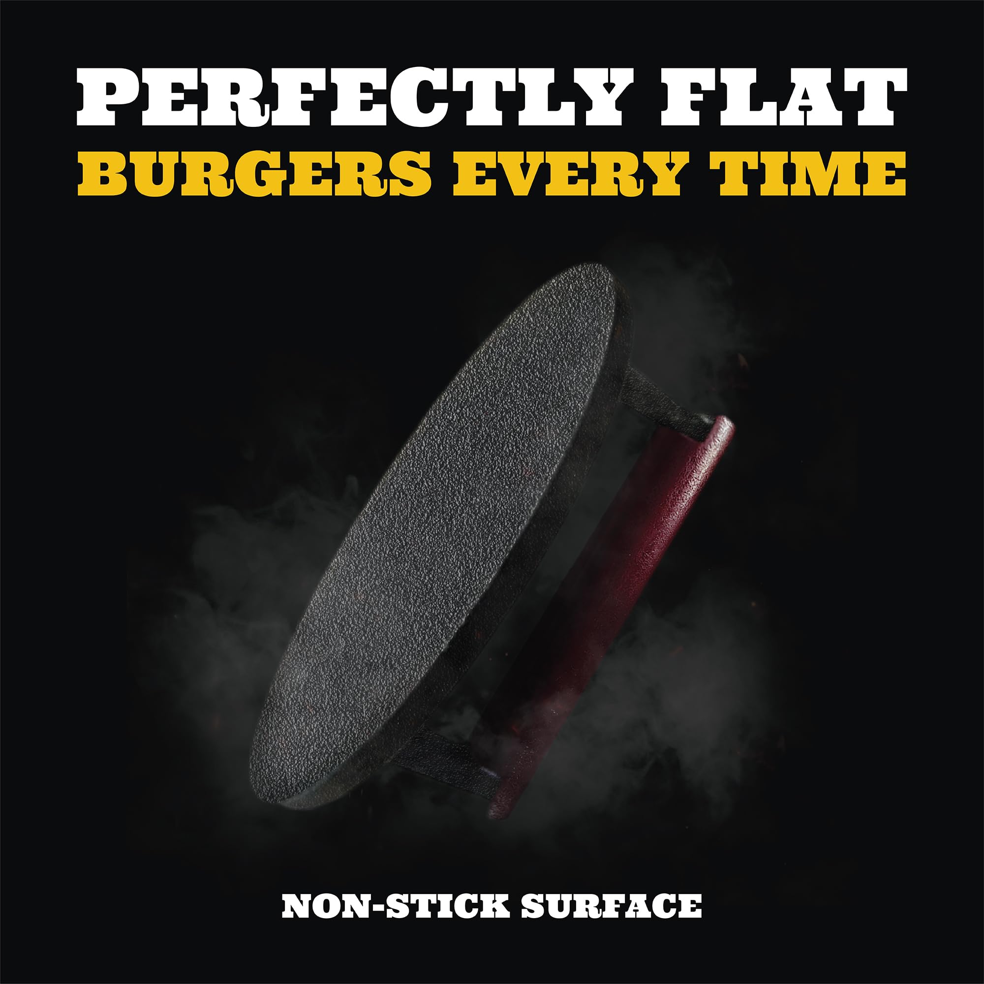 Ian's Smash Burger Press handle close-up emphasizes grip durability during busy cooking