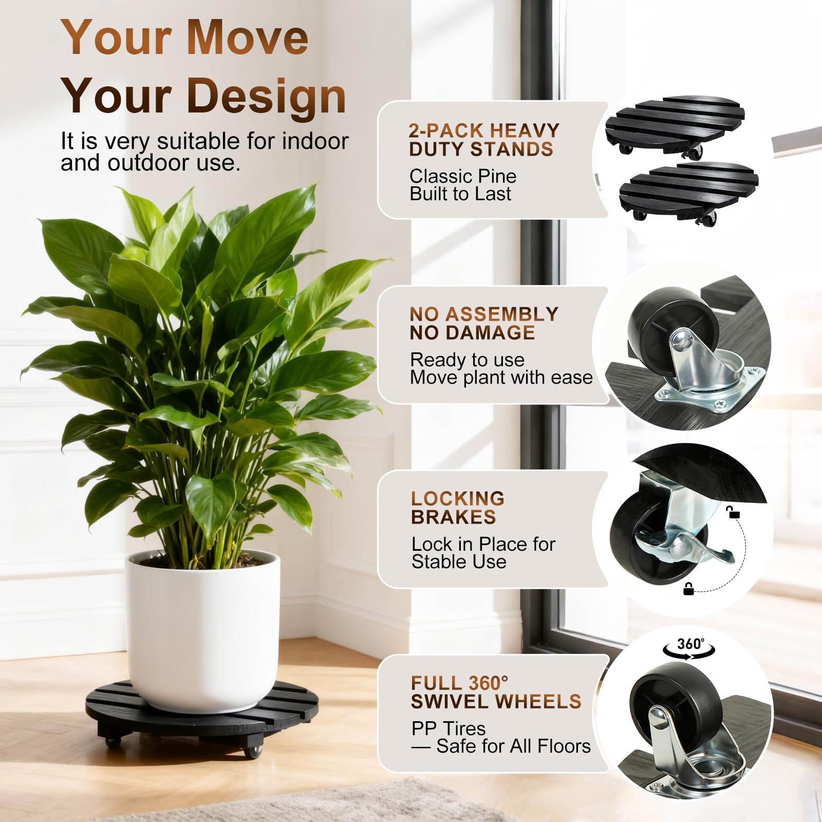 IBGUC rolling plant stand with 360-degree wheels for smooth indoor and outdoor repositioning.