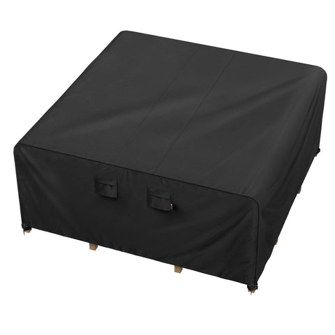 iBirdie 110x110 cover on top view protects an outdoor dining table from rain