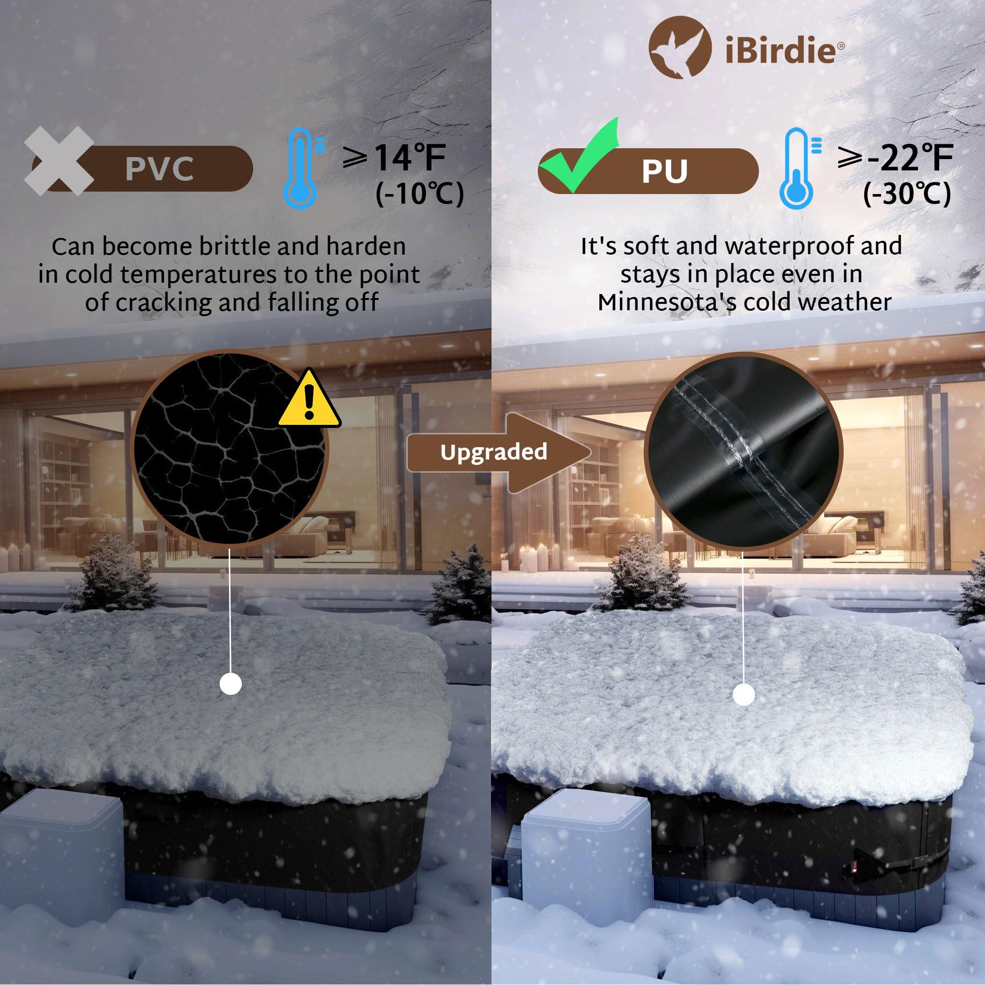 iBirdie 600D fabric close-up highlights waterproof coating for lasting protection.
