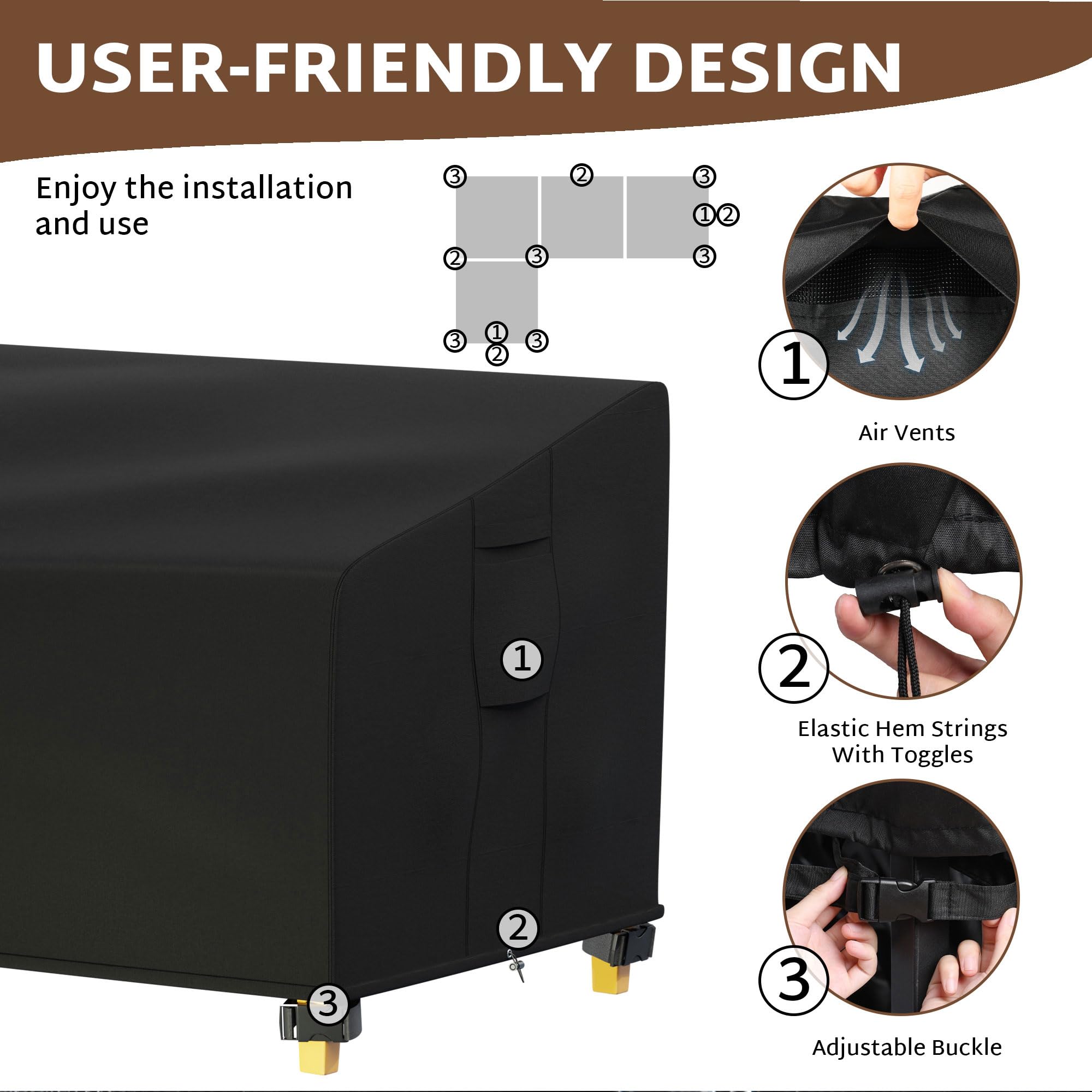 iBirdie L-shaped sofa cover side view highlights weatherproof protection for corner seating.