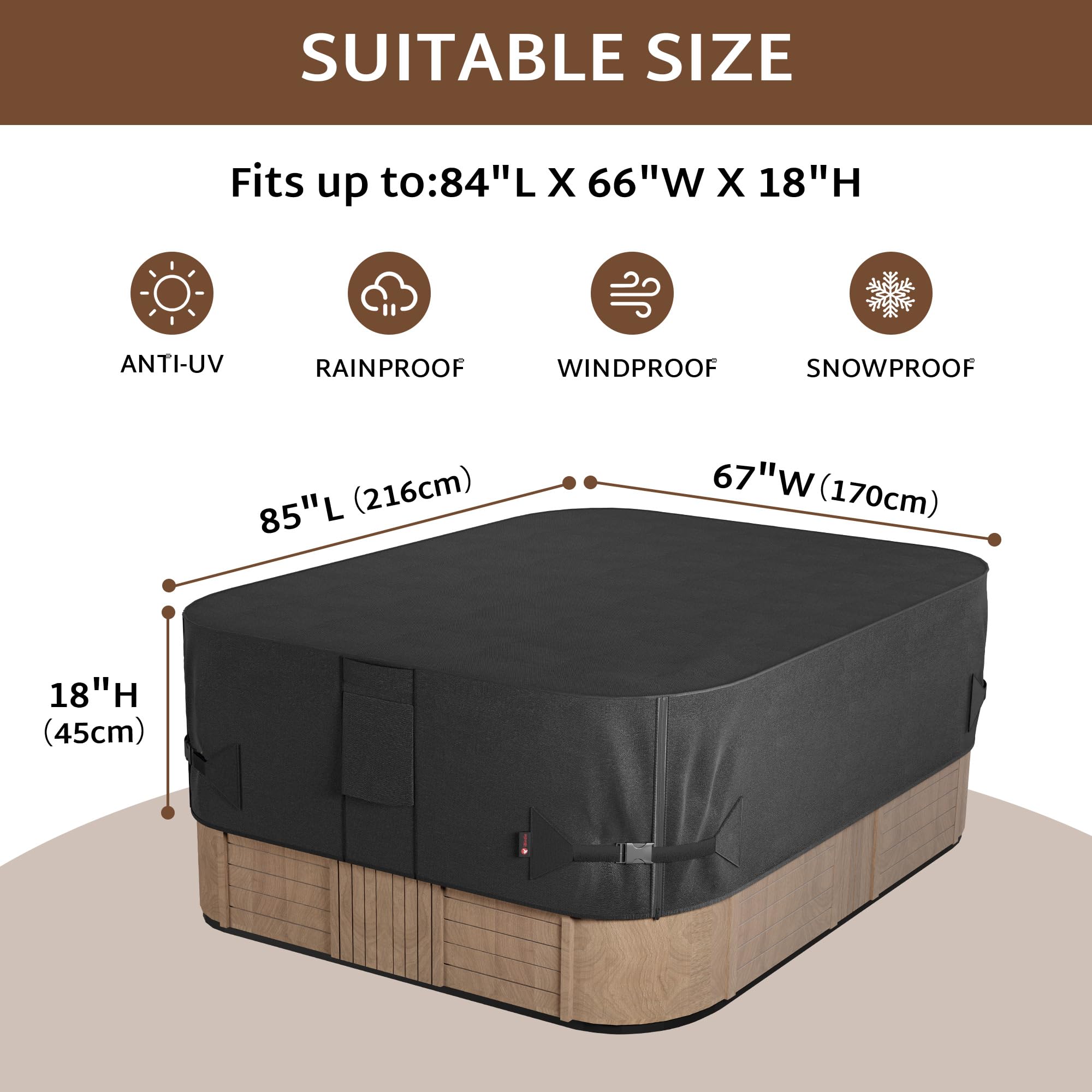 iBirdie 85x67 hot tub cover, side view, shields from rain and sun