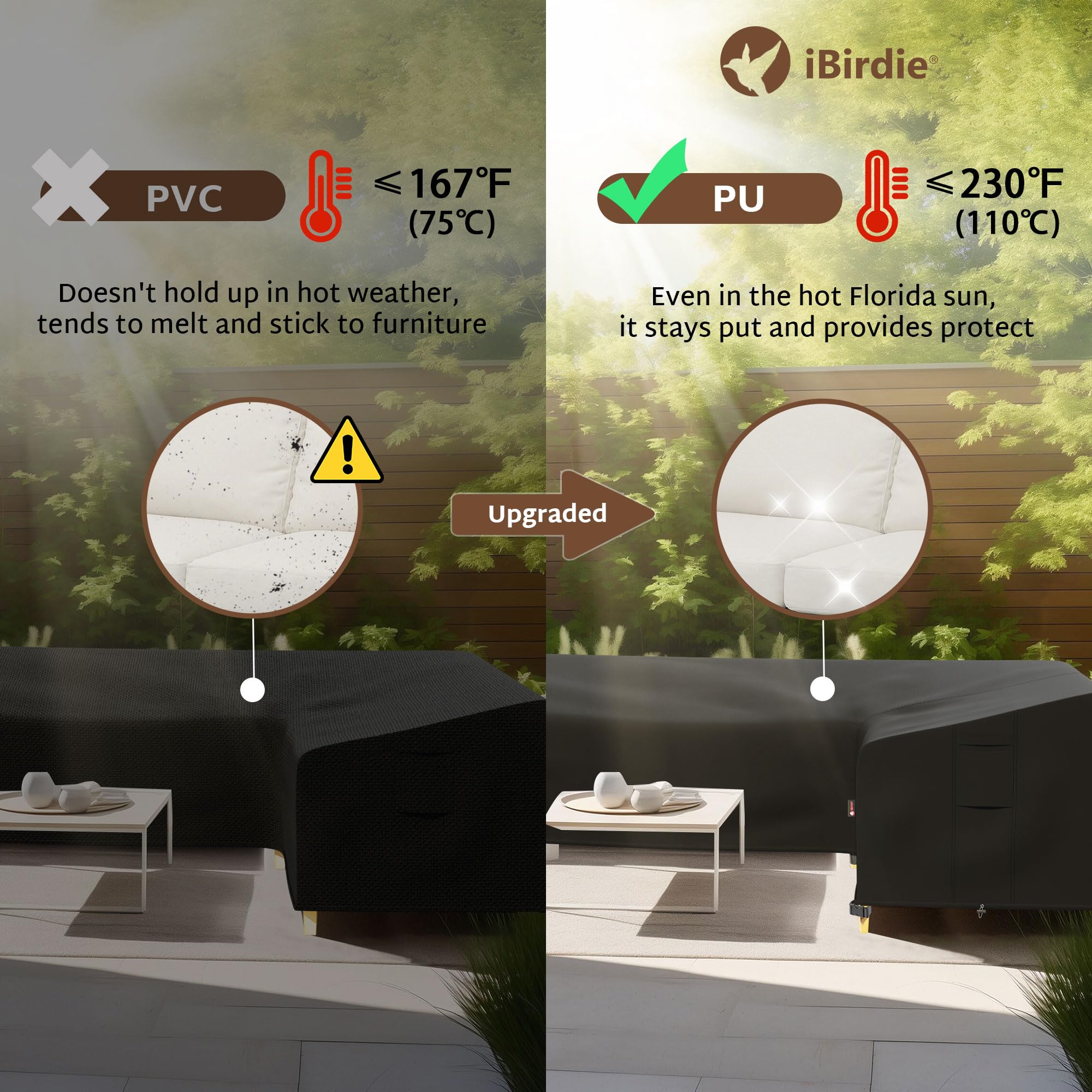 iBirdie waterproof fabric and sealed seams keep cushions dry during showers.