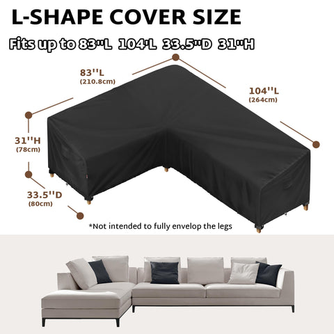 iBirdie outdoor sofa cover shows 83x104 left-angle fit and tailored coverage.