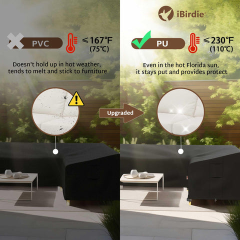 iBirdie sofa cover drawstrings and leg snaps secure wind-safe fit.