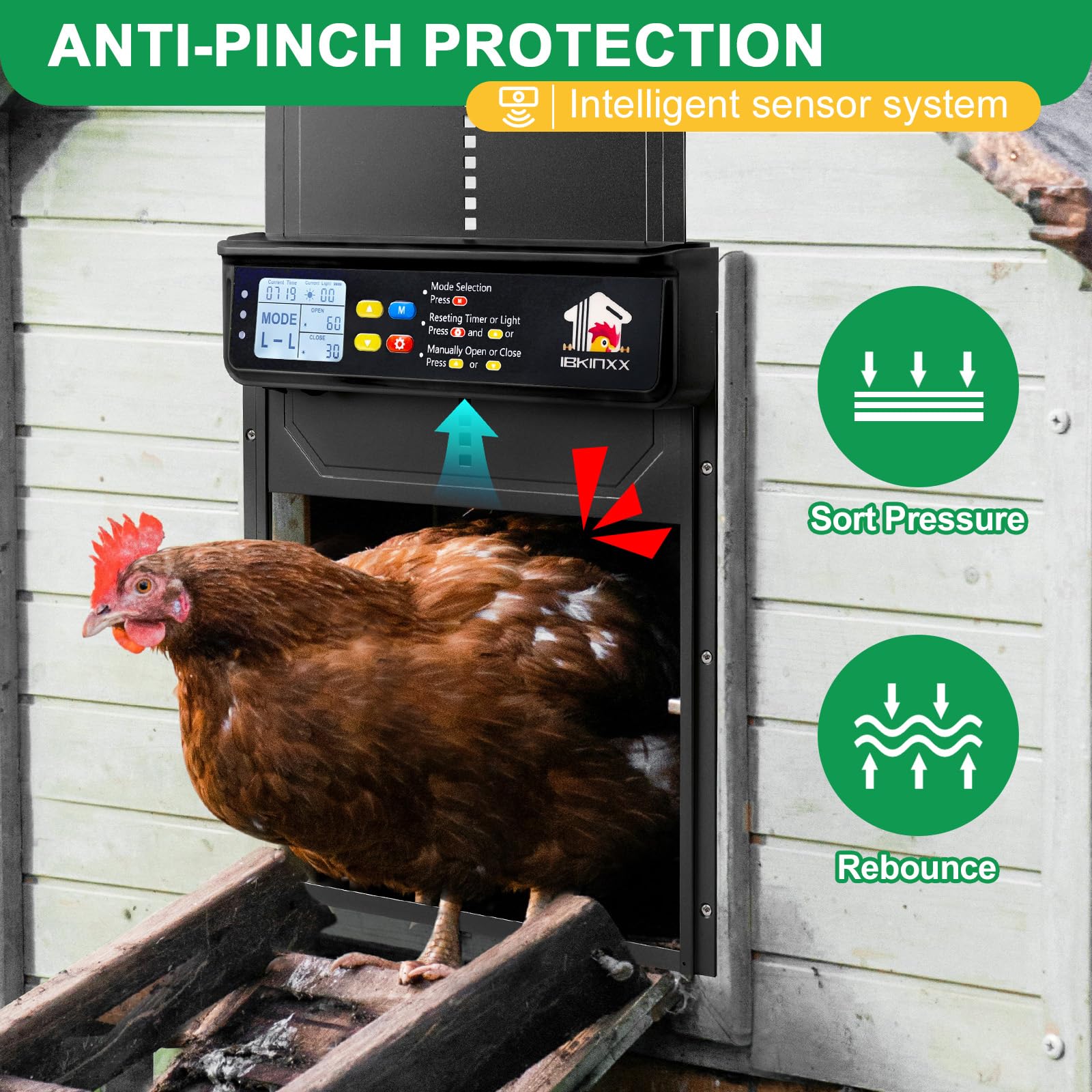 IBKINXX anti-pinch and intrusion alarm for coop safety