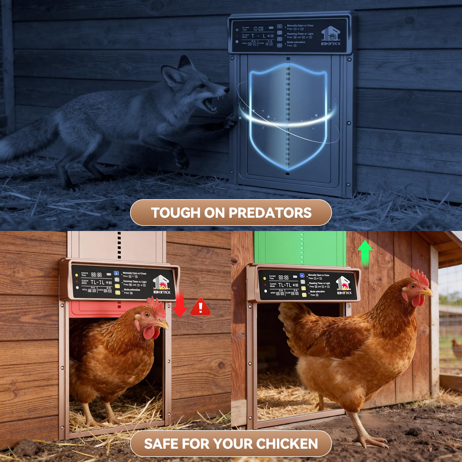 IBKINXX anti-pinch safety feature protects passing poultry.