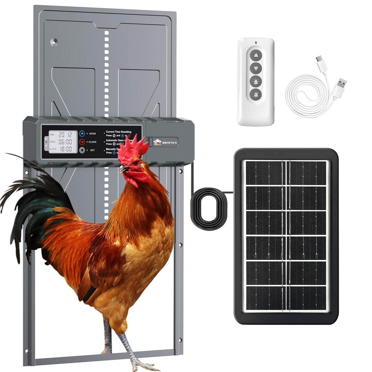 IBKINXX solar-powered automatic coop door with large opening for easier flock entry.