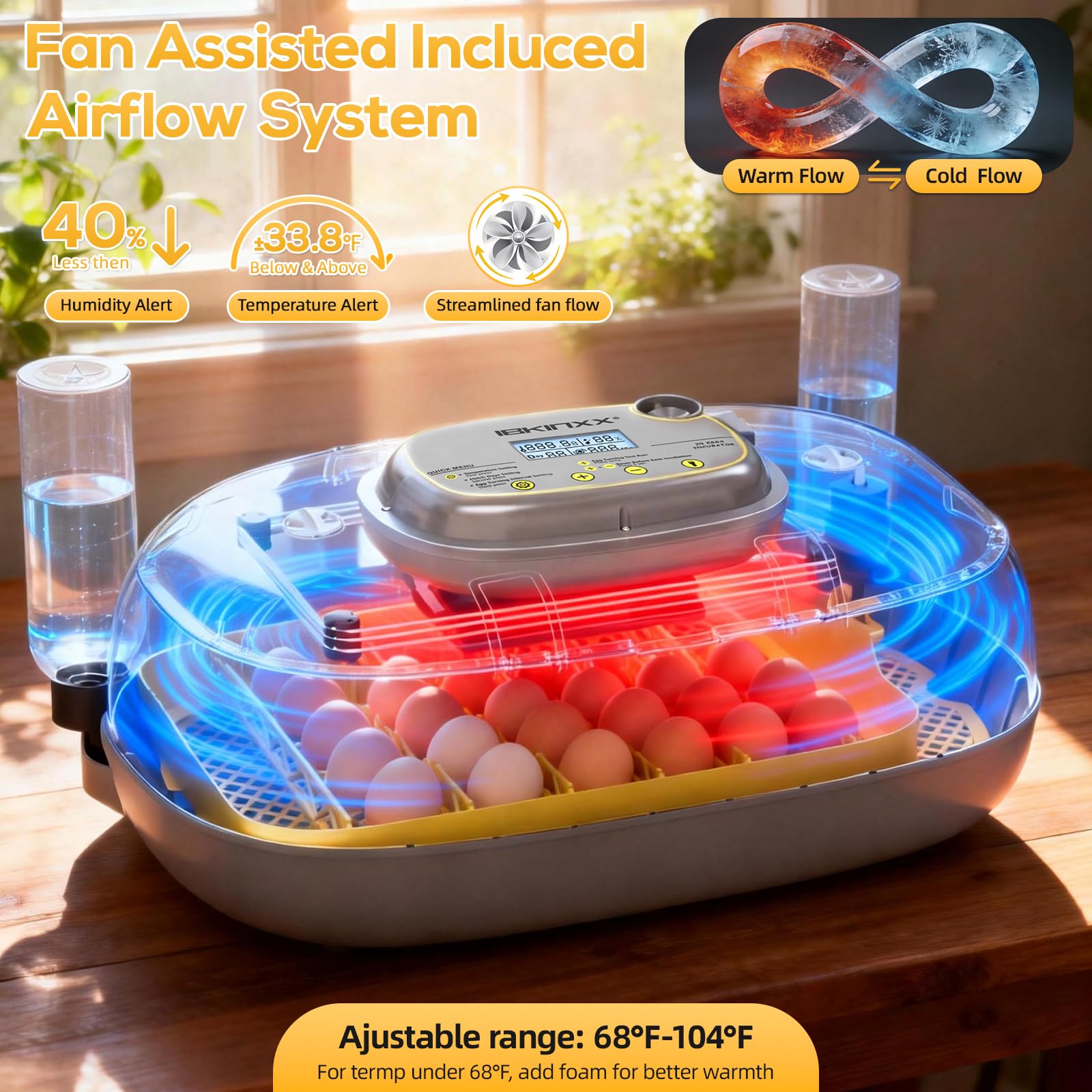 IBKINXX incubator built-in egg candler for embryo observation.