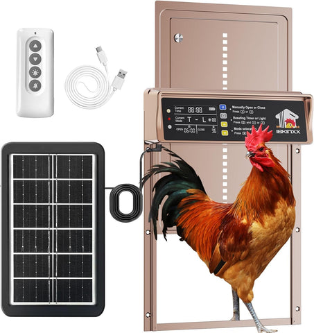 IBKINXX solar automatic chicken door – front view, rugged weatherproof exterior.