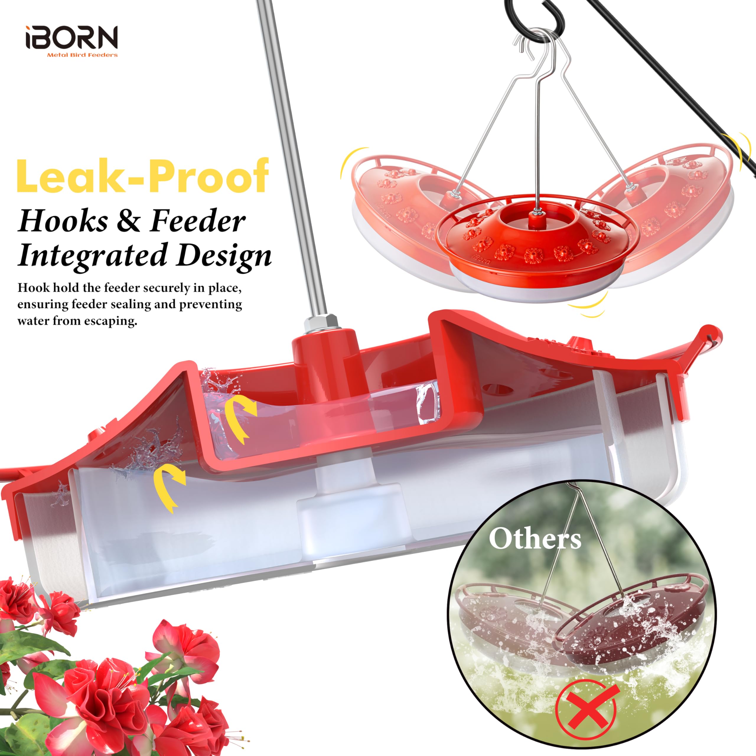 iBorn 3mm port hummingbird feeder matches slender beaks for feeding ease and bee protection.