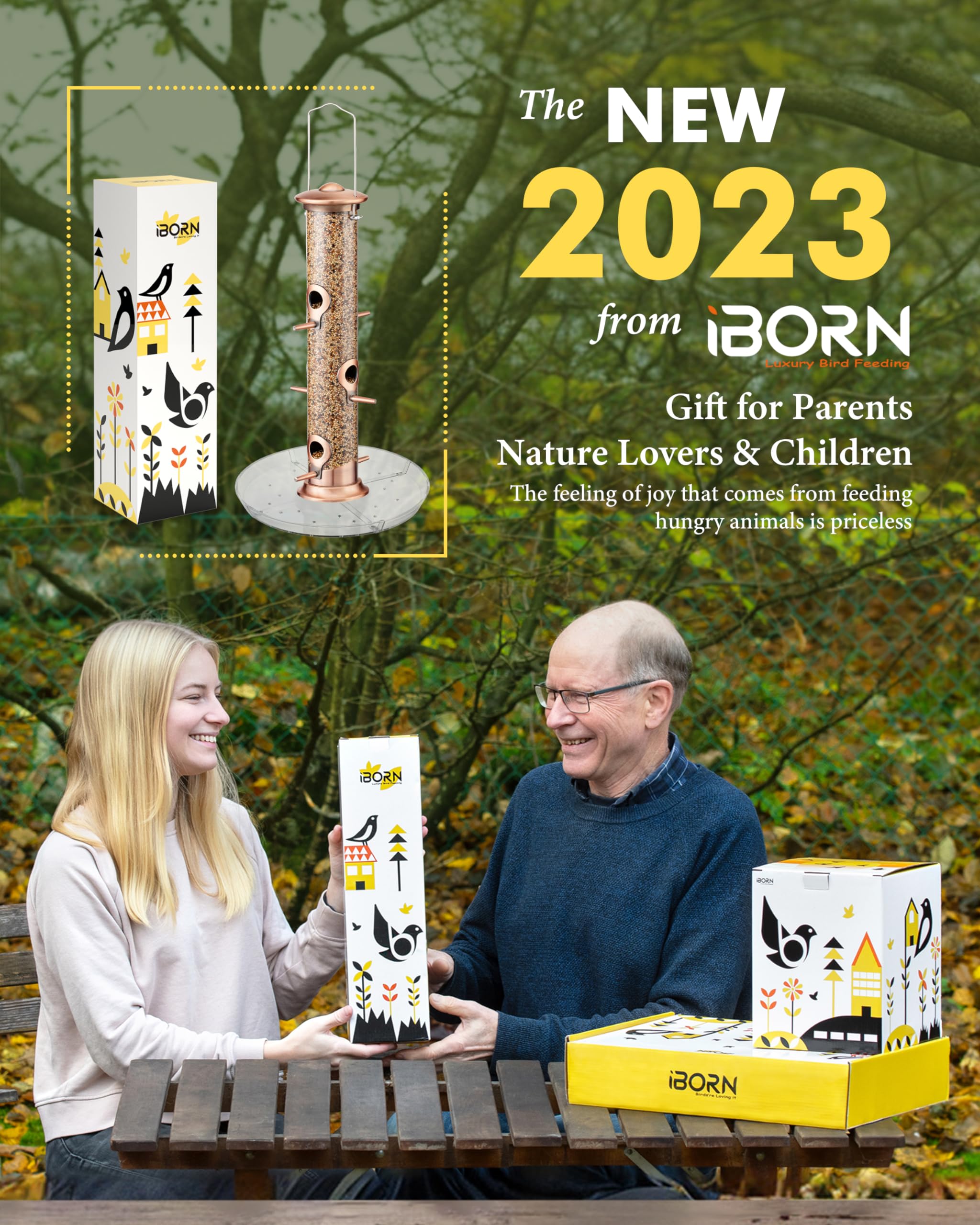 iBorn 6-port feeder with brushed copper finish attracting garden birds.