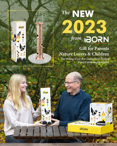 iBorn 6-port feeder with brushed copper finish attracting garden birds.