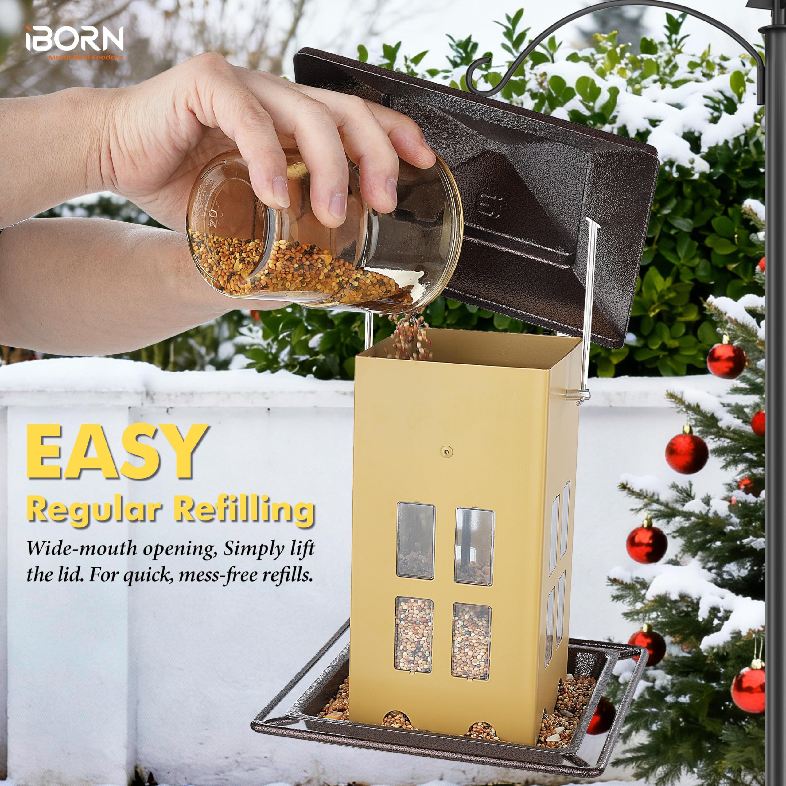 iborn bird feeder flip-lid-fill allows quick refills in seconds