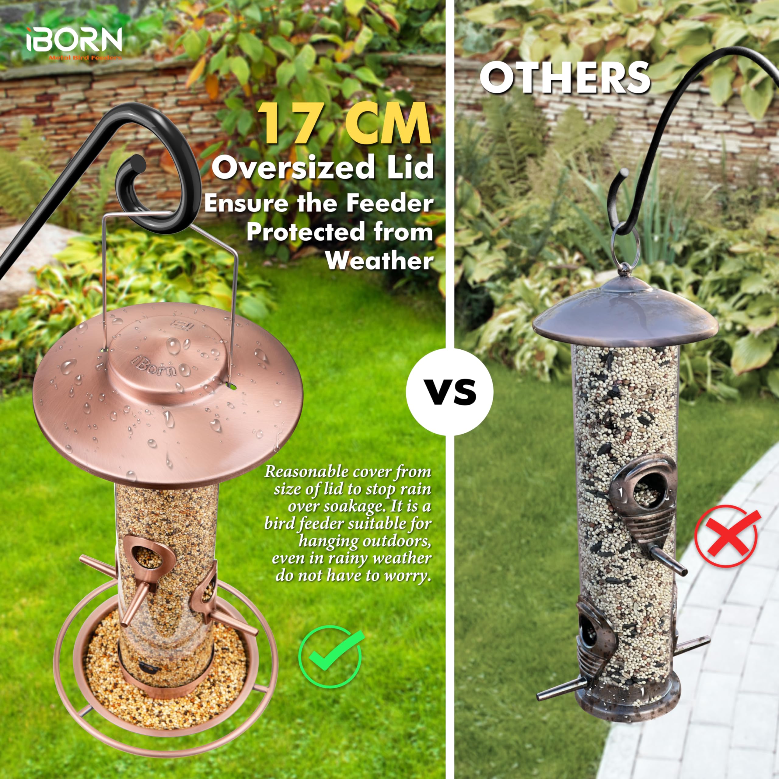 iBorn bird feeder with four ports and 360° perch invites multiple birds to dine.