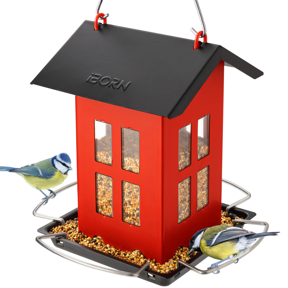 iBorn bird feeder house with double-sided hanger for stable outdoor feeding.