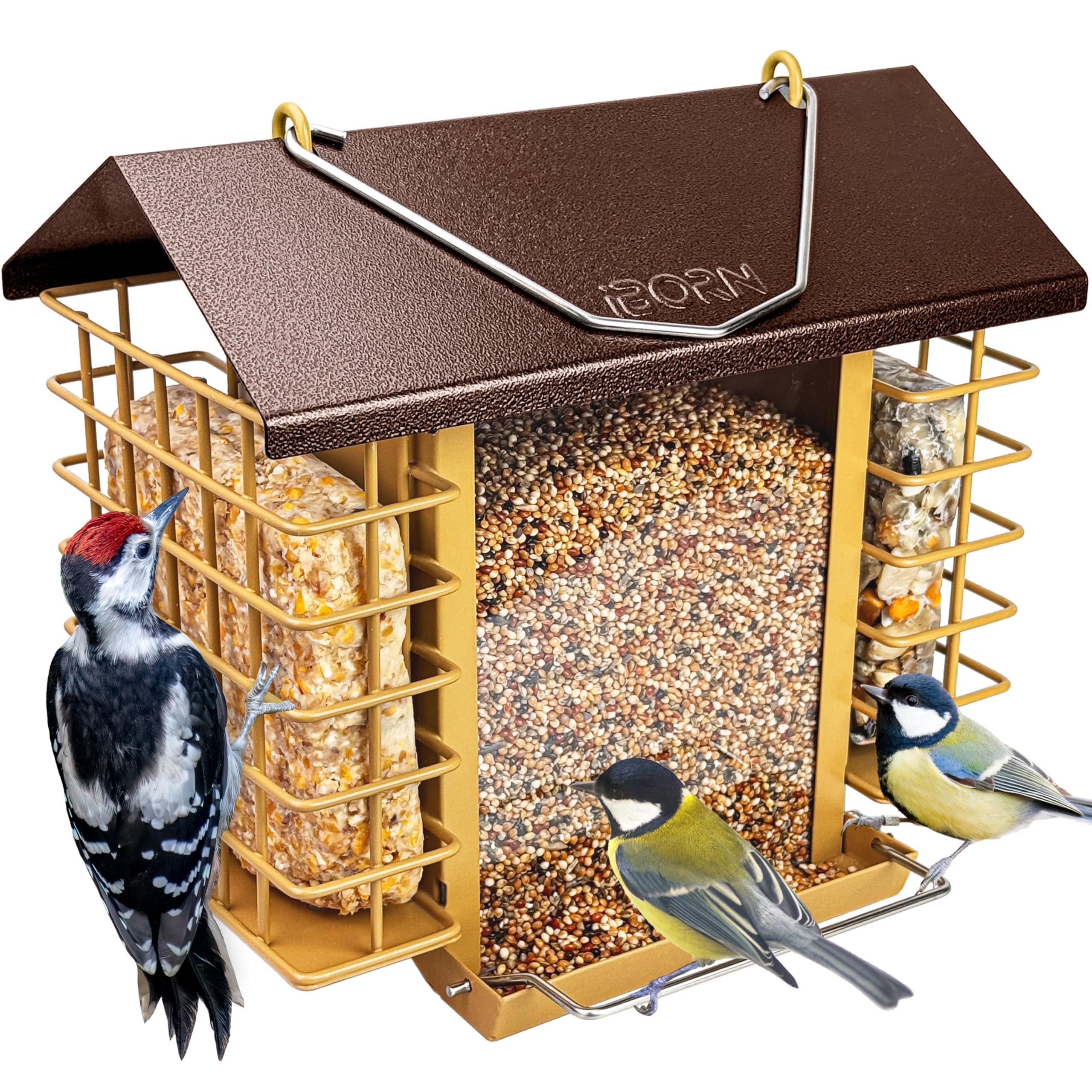 IBorn bird feeder outdoors with coffee roof keeps seeds dry and fresh.