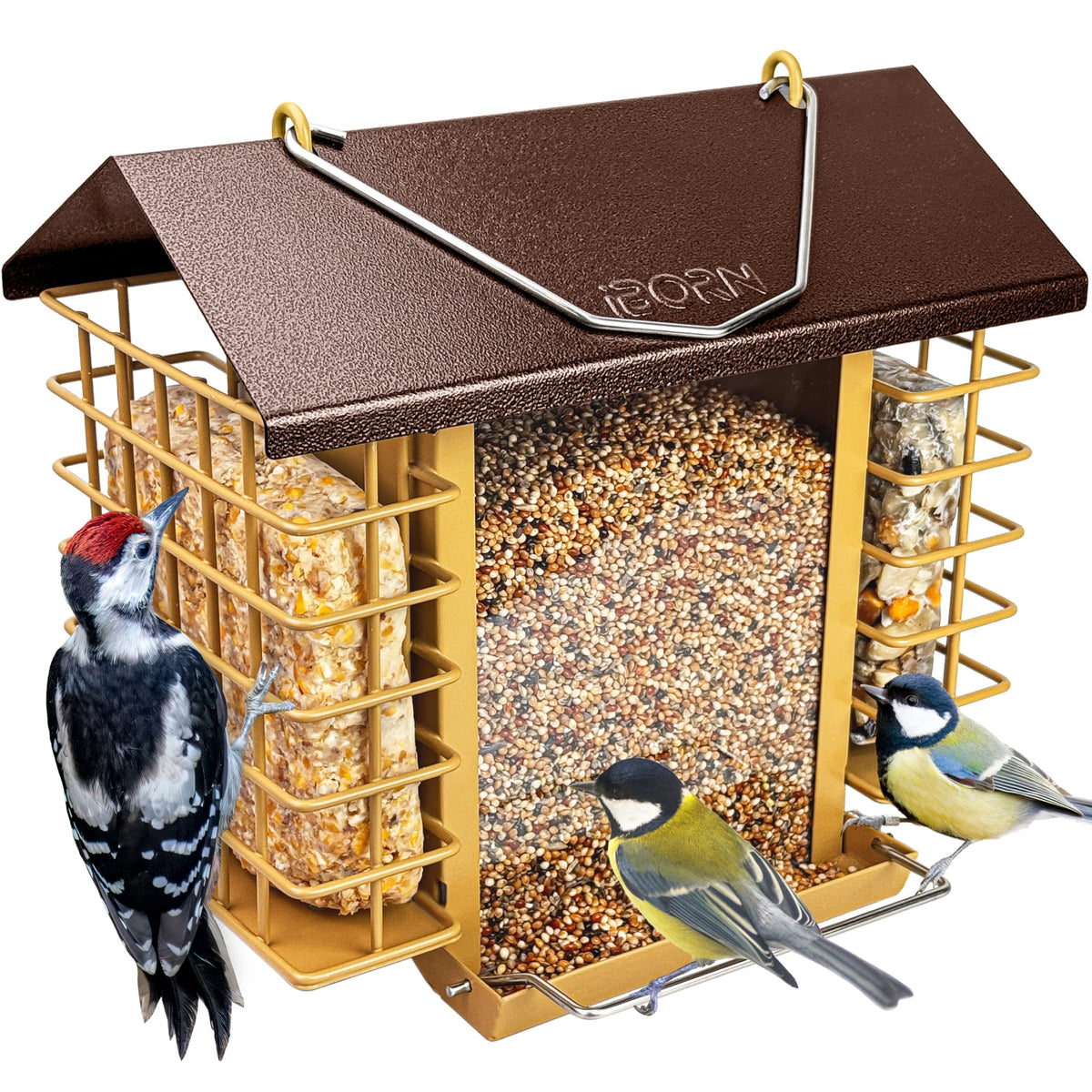 IBorn bird feeder outdoors with coffee roof keeps seeds dry and fresh.