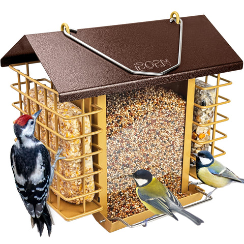 IBorn bird feeder outdoors with coffee roof keeps seeds dry and fresh.