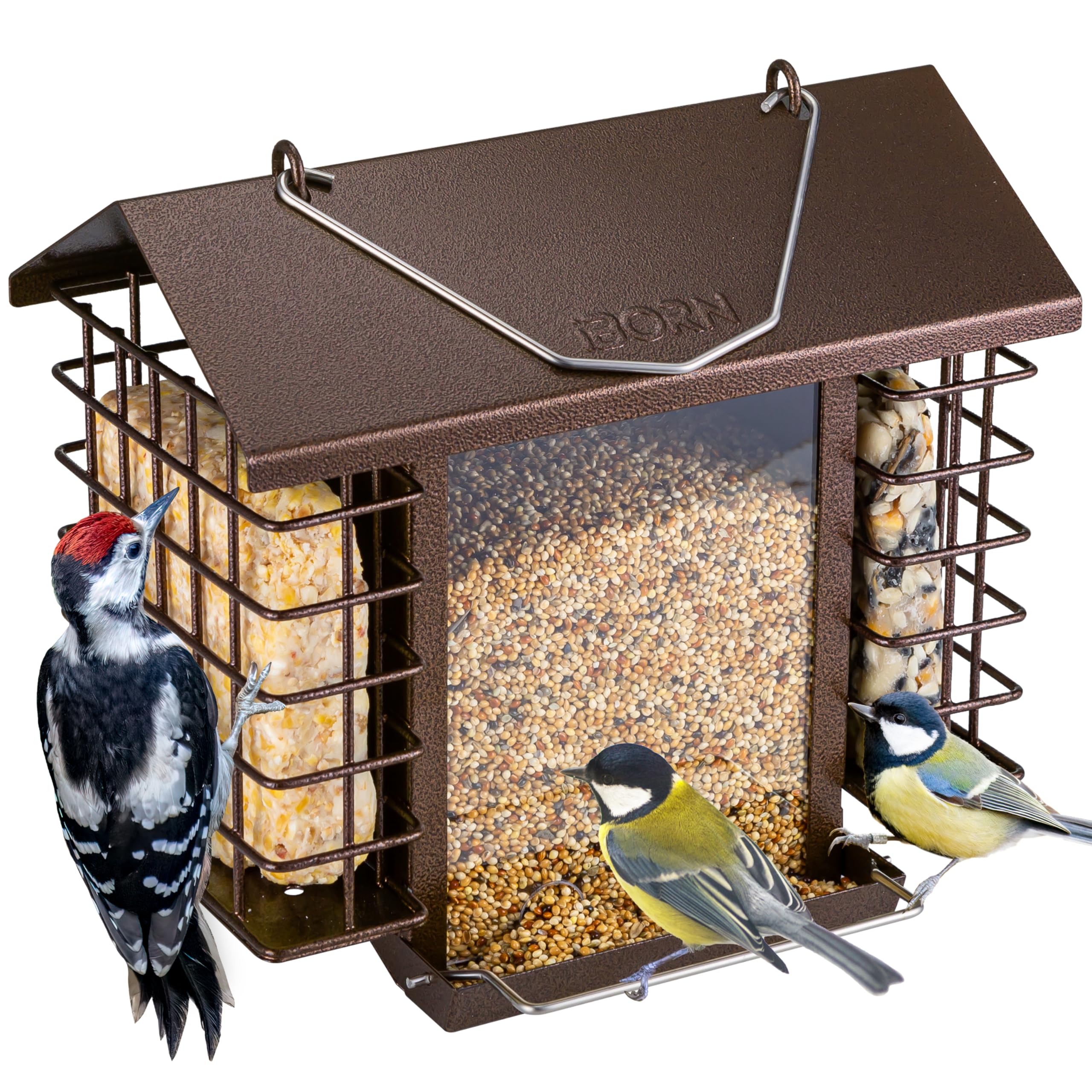 iBorn outdoor bird feeder with weatherproof metal roof keeps seeds dry for birds in any season