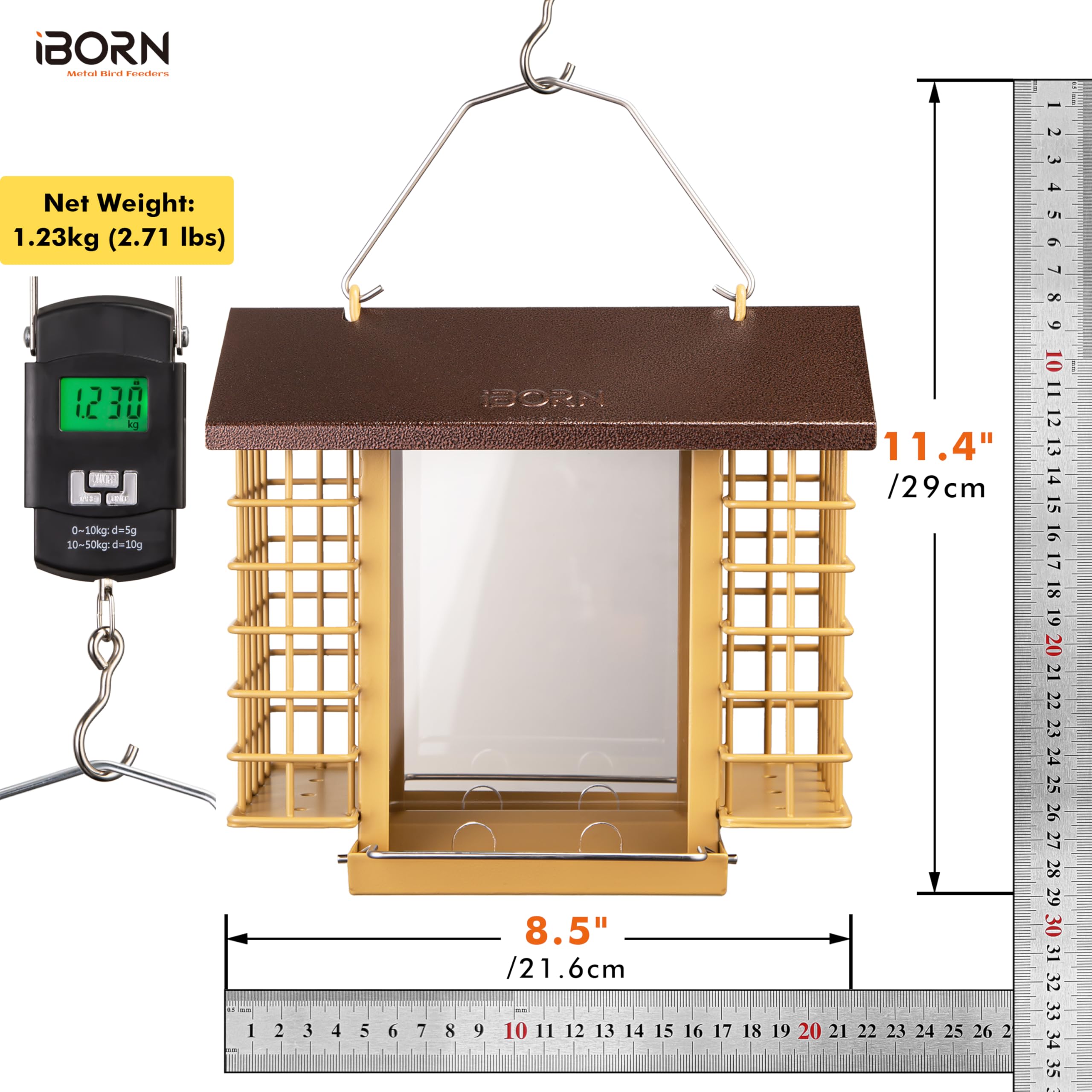 IBorn bird feeder with yellow grid offers easy access for birds.