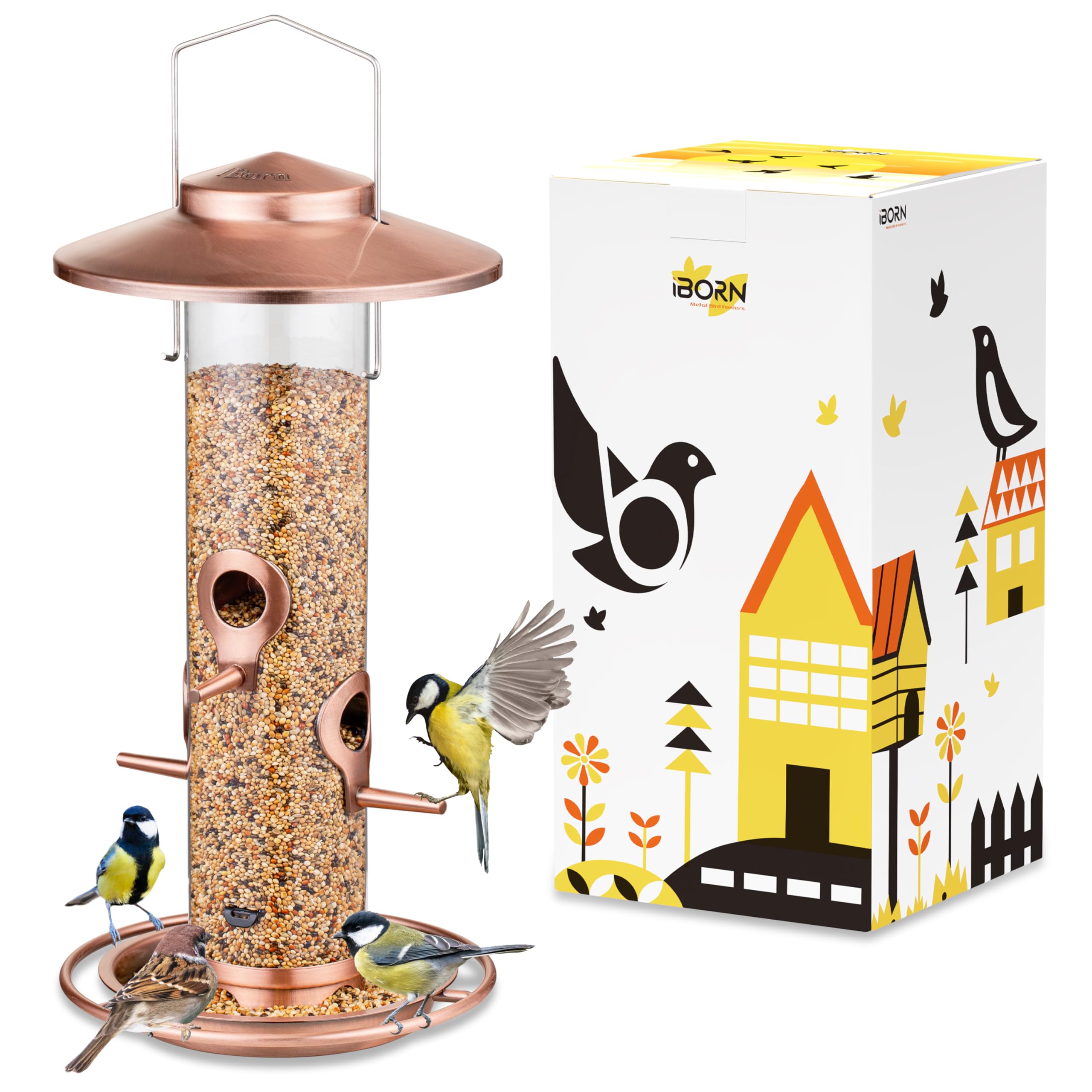 iBorn bird feeder with oversized lid protects seeds from rain for steady feeding.