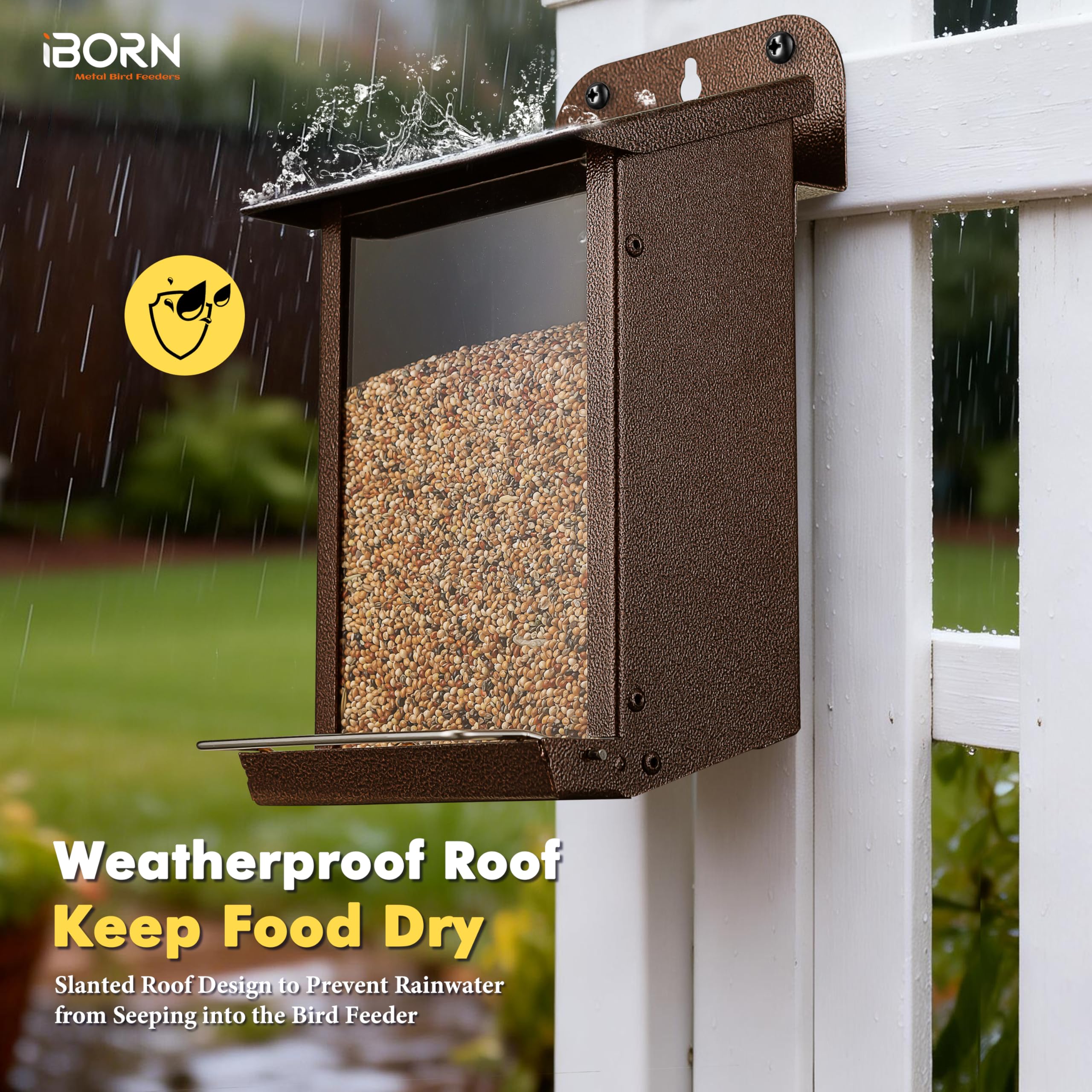 iBorn Bird Feeder roof keeps seeds dry and preserves freshness.