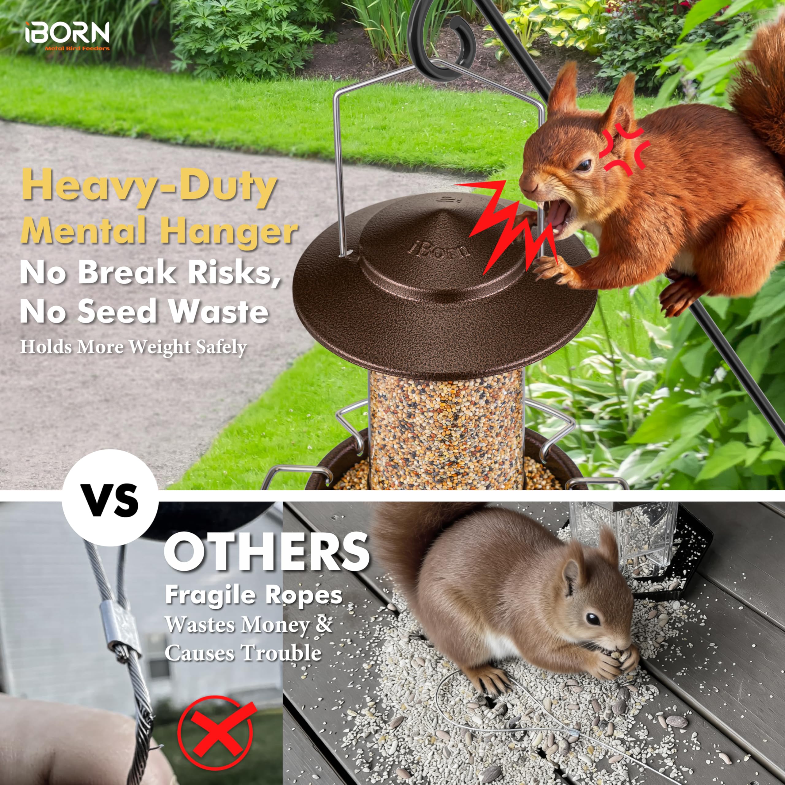 iBorn Bird Feeder keeps most seed inside with bottom ports and controlled flow.