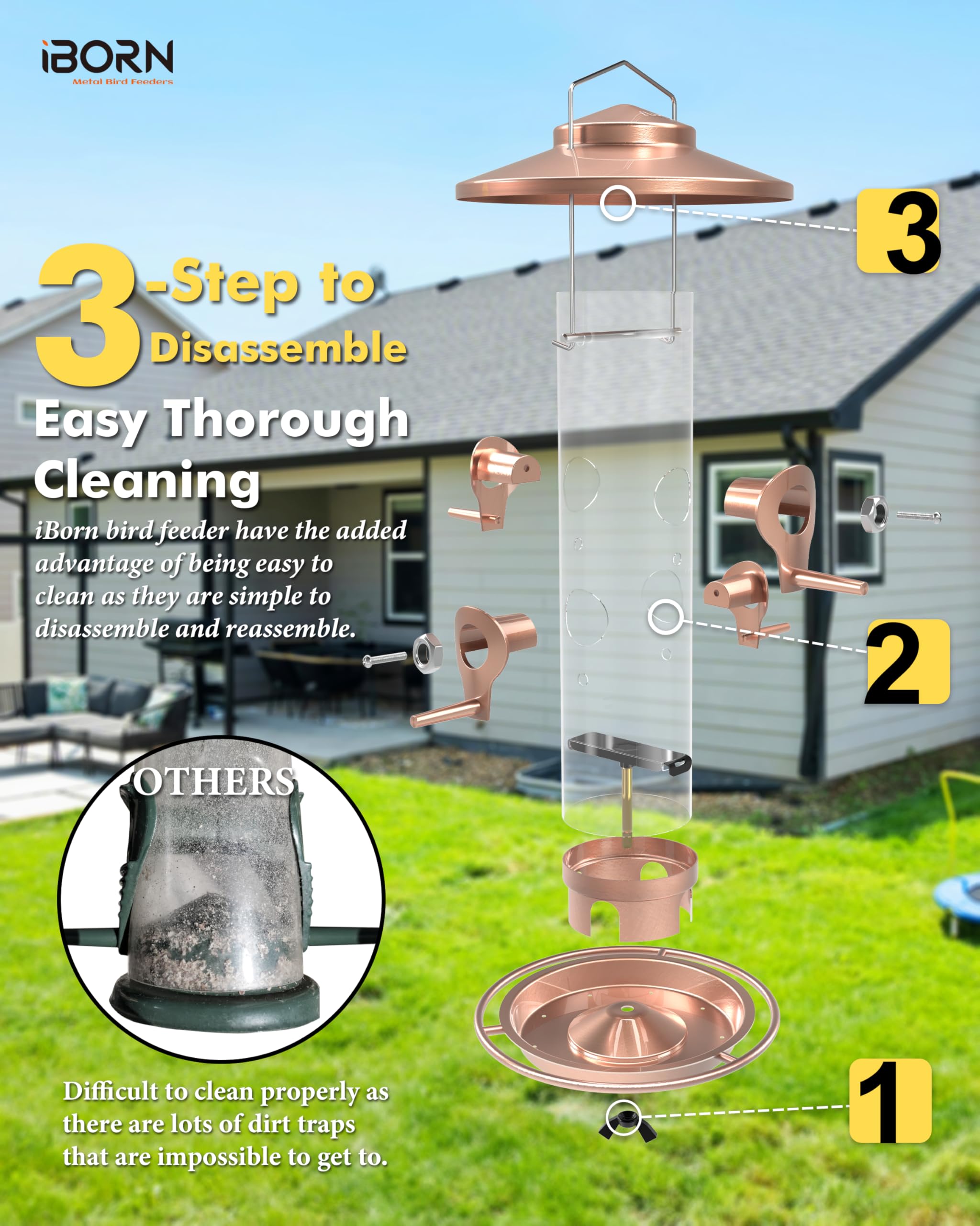 iBorn bird feeder drainage holes prevent water accumulation in the tray.