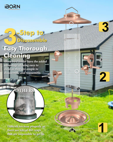 iBorn bird feeder drainage holes prevent water accumulation in the tray.