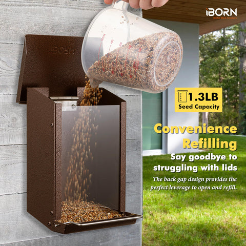 iBorn Bird Feeder sloped base ensures smooth seed flow and reduces clogs.