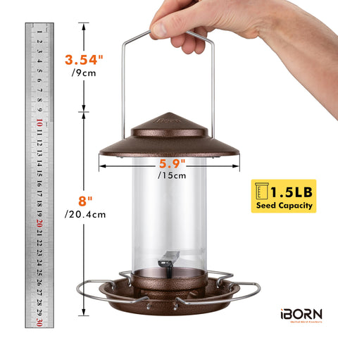 iBorn Bird Feeder with squirrel-chew-proof tube protects seeds from nibbling wildlife.