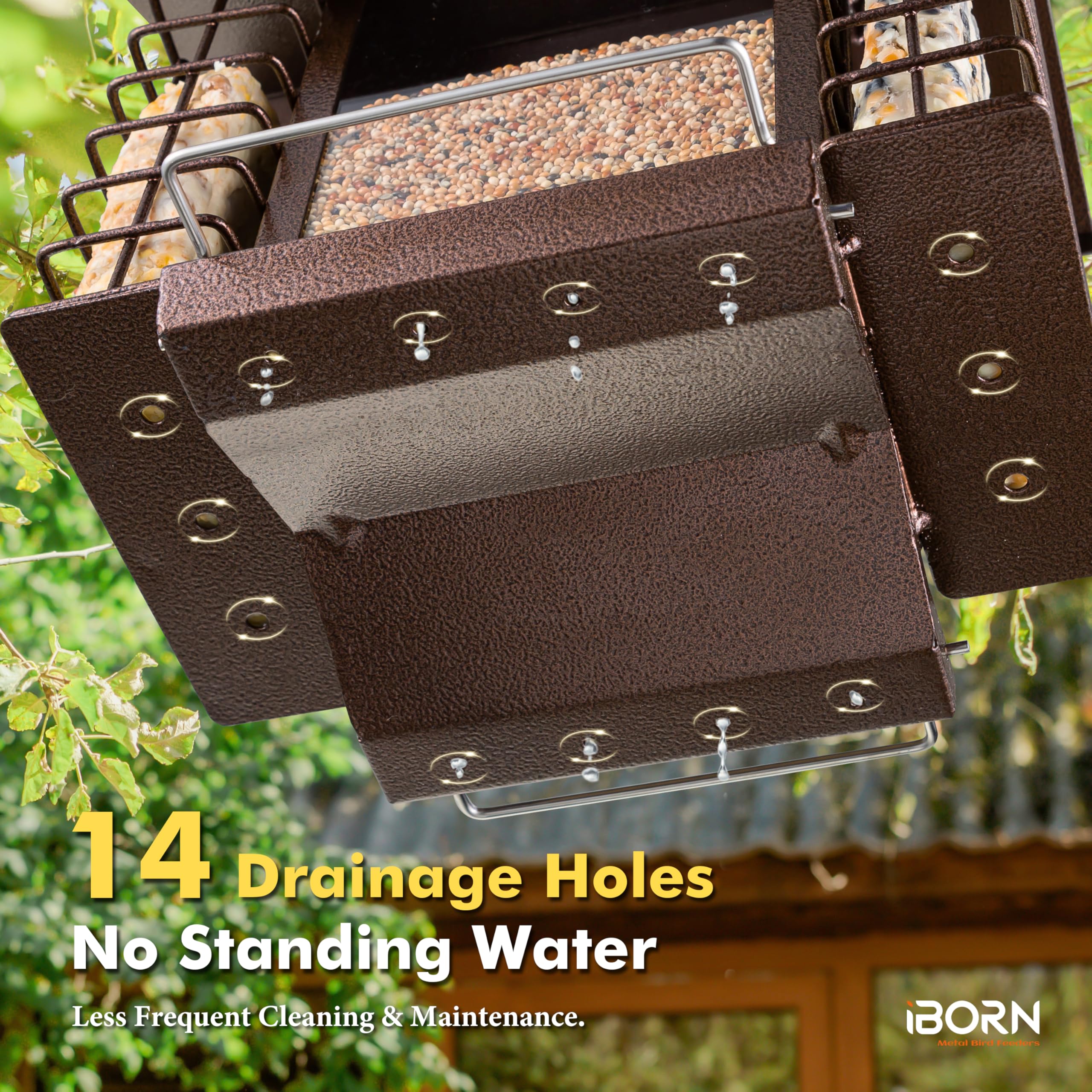iBorn three-point-two-lbs seed capacity supports longer bird visits