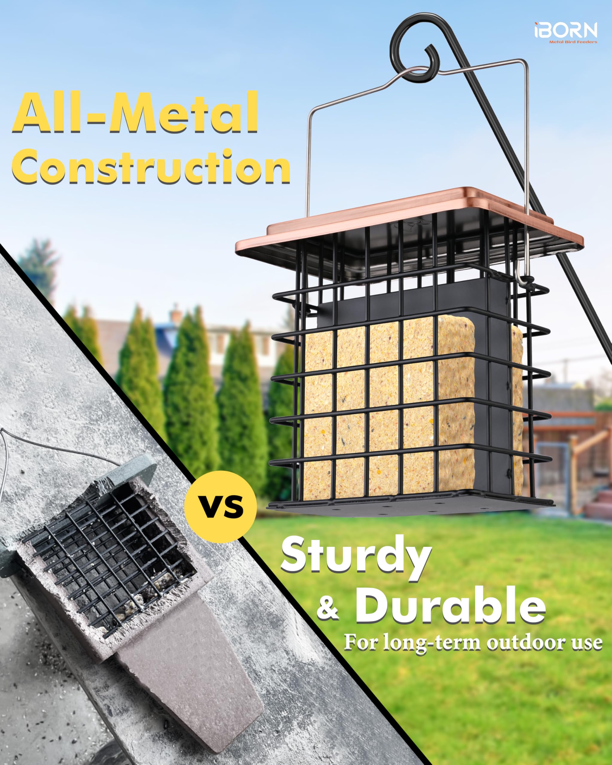 iBorn brushed copper suet feeder bottom drainage catches crumbs.