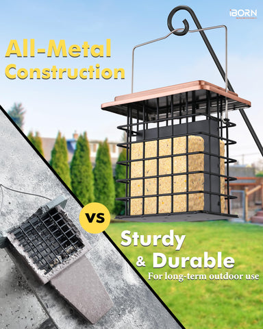 iBorn brushed copper suet feeder bottom drainage catches crumbs.
