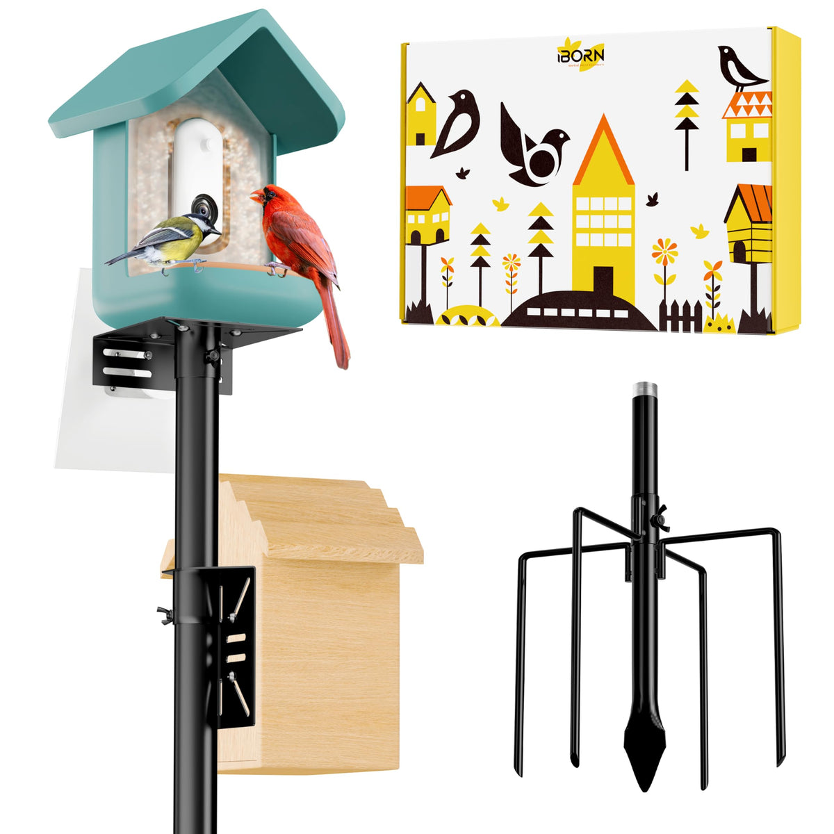 iBorn Camera Bird Feeder Pole at 63-inch height enables flexible outdoor placement and wider viewing.