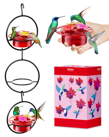 iborn circular hanging hummingbird feeder with 360° perch allowing multiple birds to feed in the garden