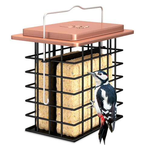 iBorn Double Suet Feeder with metal roof in copper finish for durable outdoor feeding.