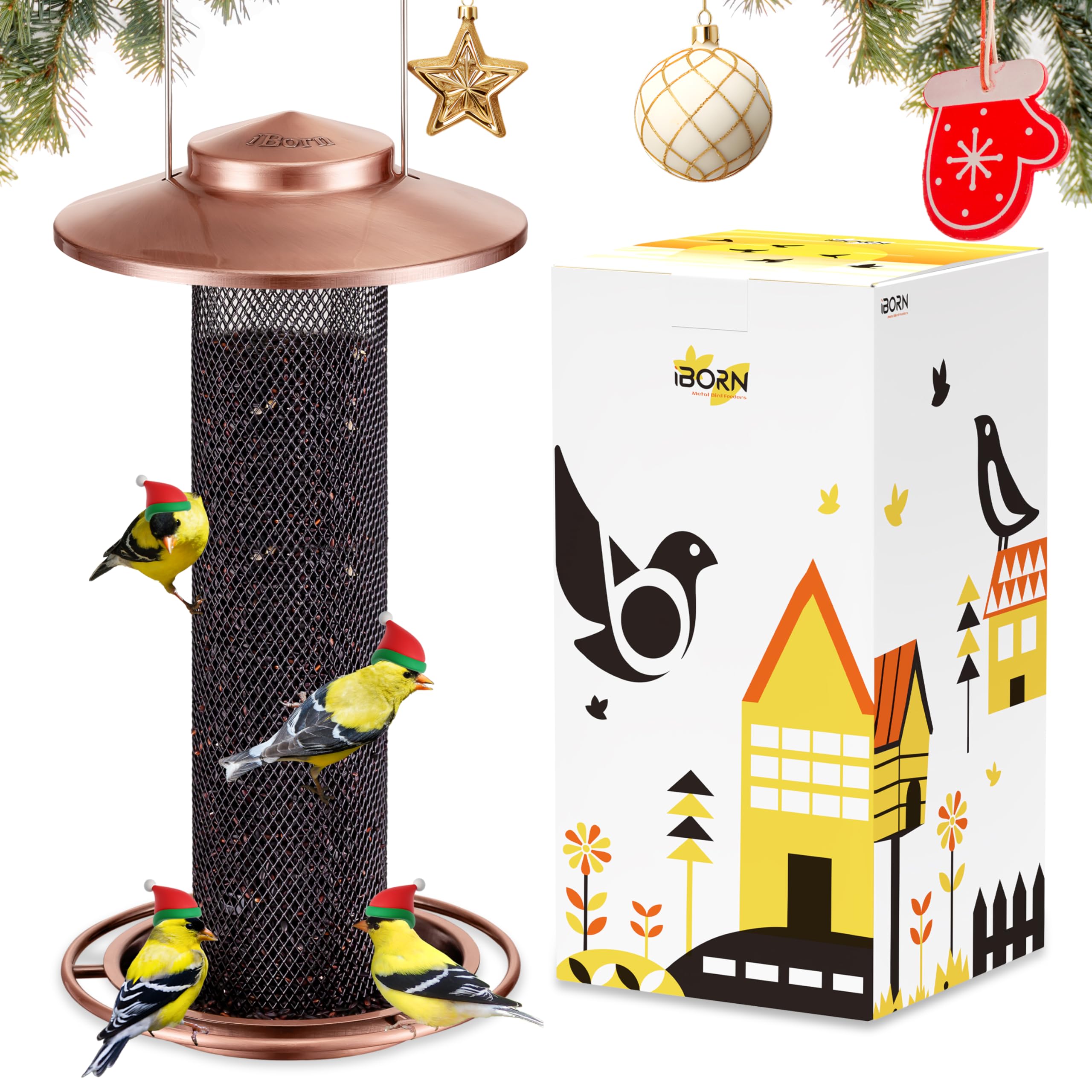 iBorn Finch Feeder outside hanging with reliable metal hook for windy days