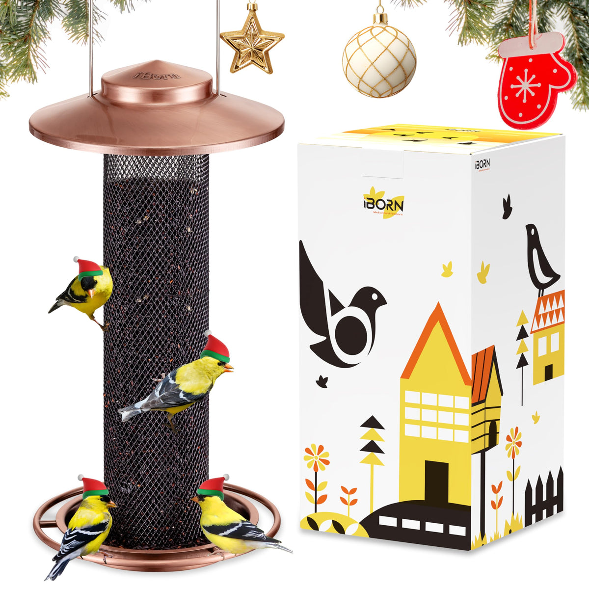 iBorn Finch Feeder outside hanging with reliable metal hook for windy days