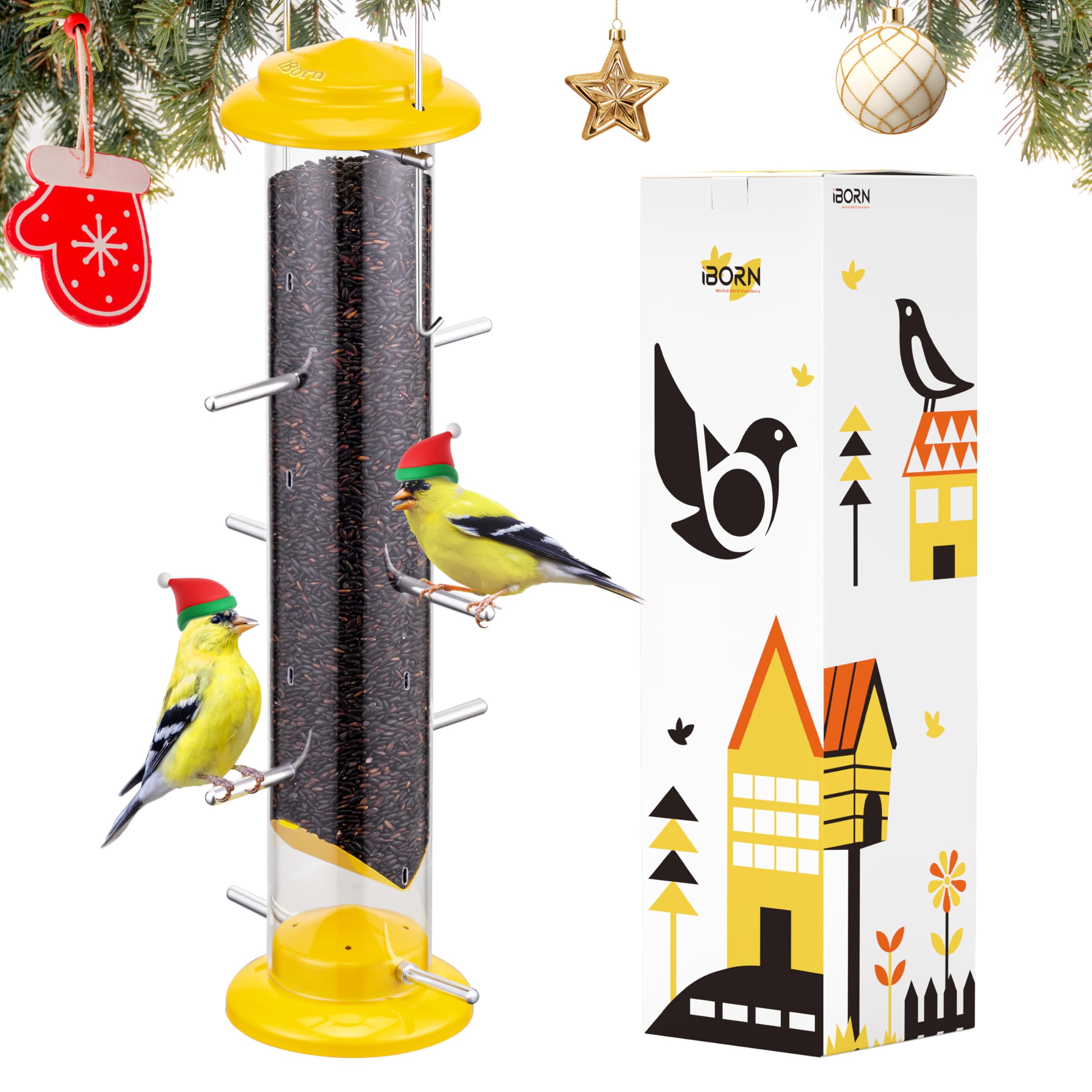 iBorn Finch Feeders outside yellow 14-inch tube attracts goldfinches