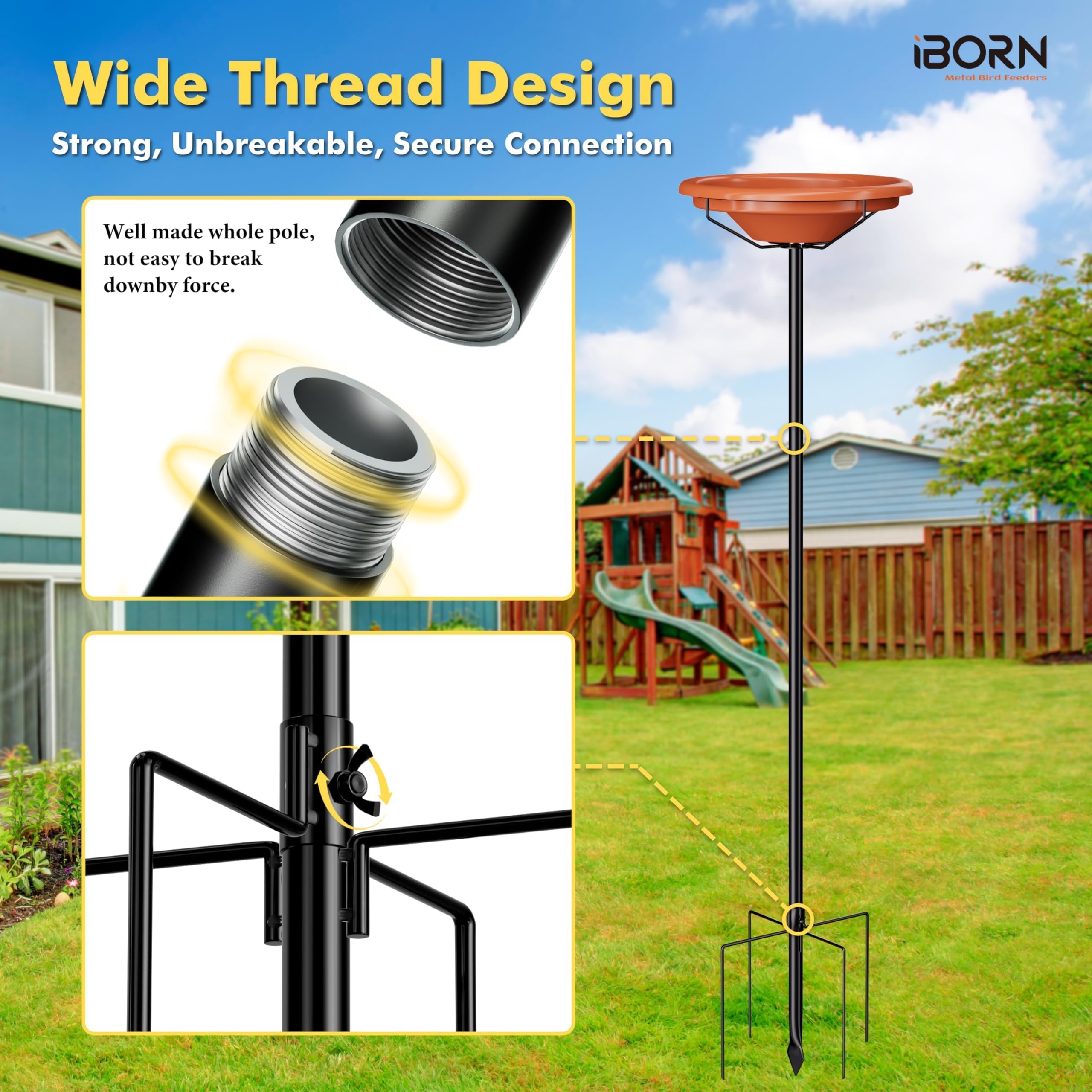 iBorn five-prong base anchors into soil to prevent wobble.