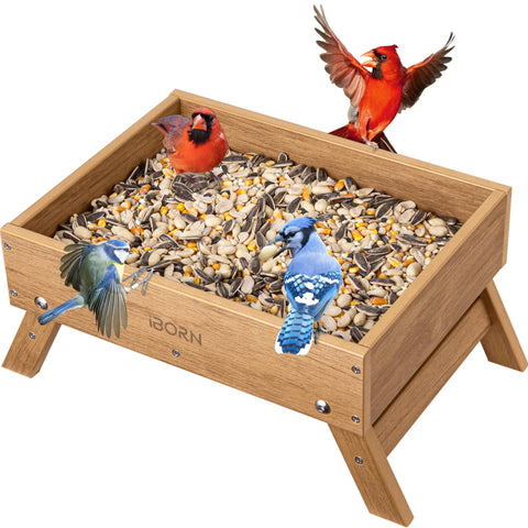 iBorn Ground Bird Feeder outdoor setup, durable cedar-look platform inviting birds year-round.