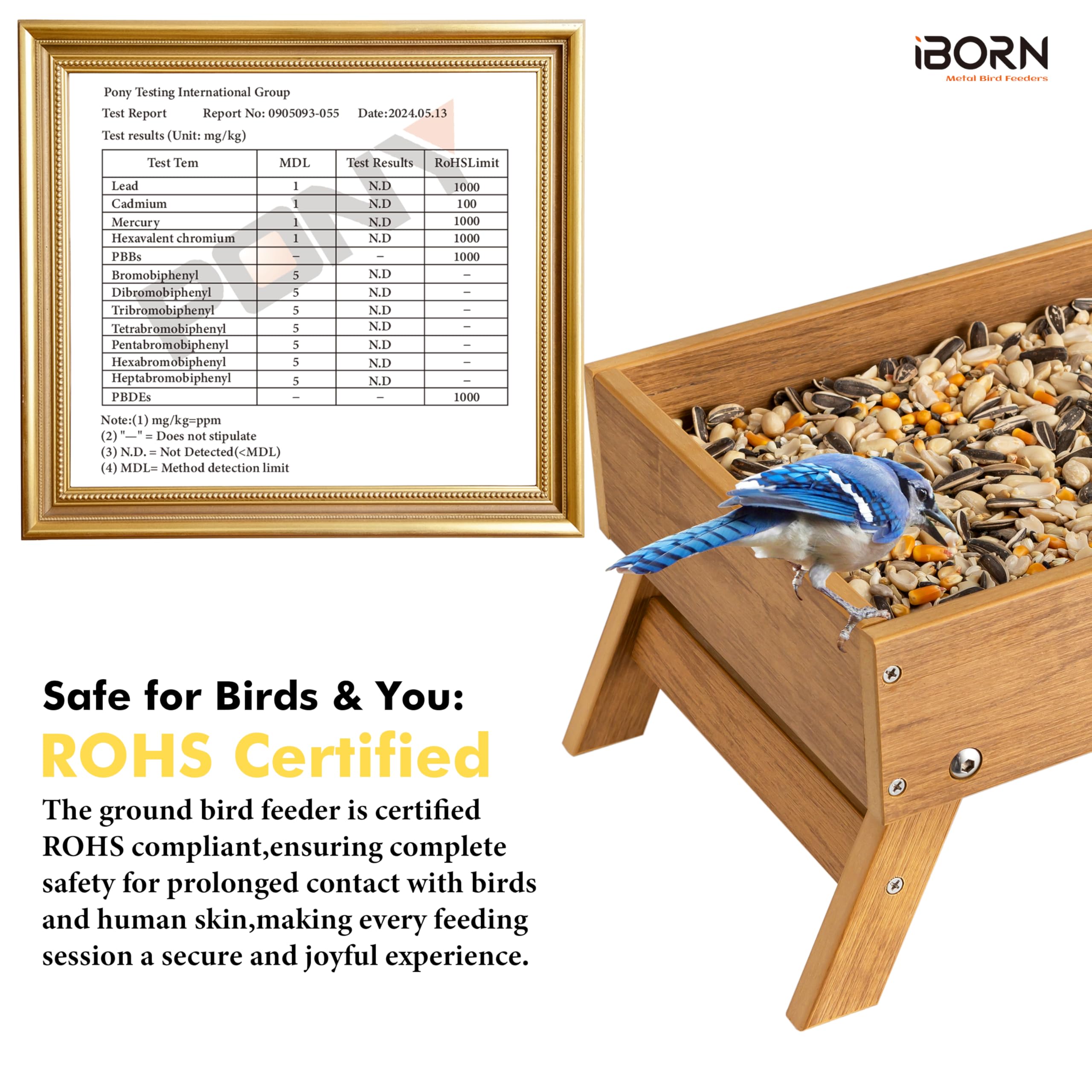 iBorn Ground Bird Feeder wood-look texture close-up, premium aesthetic with maintenance-free appeal.