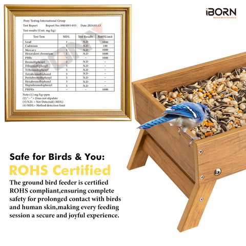 iBorn Ground Bird Feeder wood-look texture close-up, premium aesthetic with maintenance-free appeal.