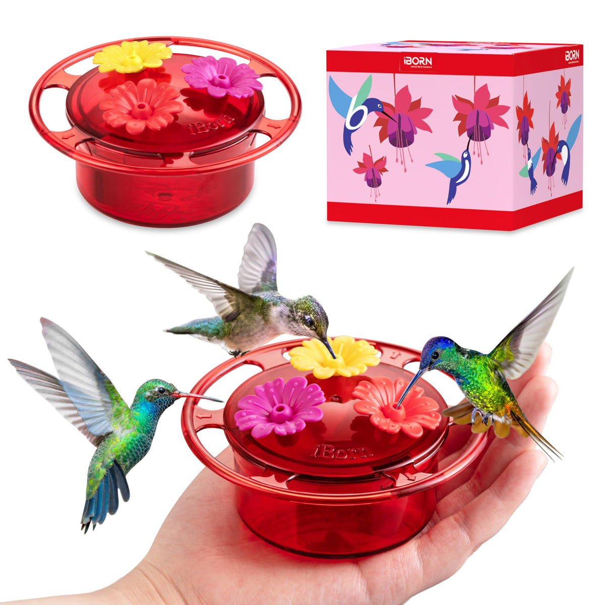 iBorn handheld hummingbird feeder with 3oz capacity invites hummingbirds to your outdoor space.