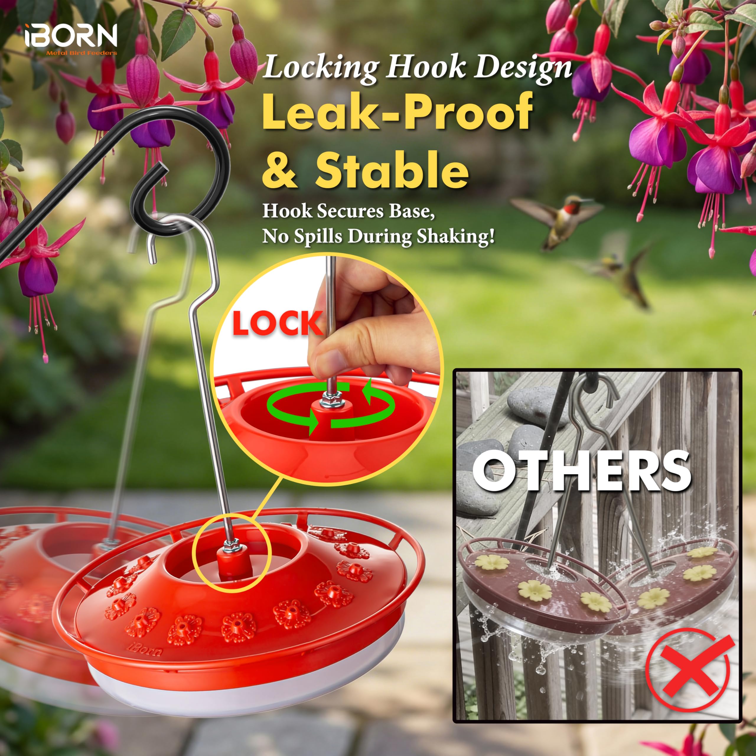 iBorn feeder with red flower ports inviting birds to feed